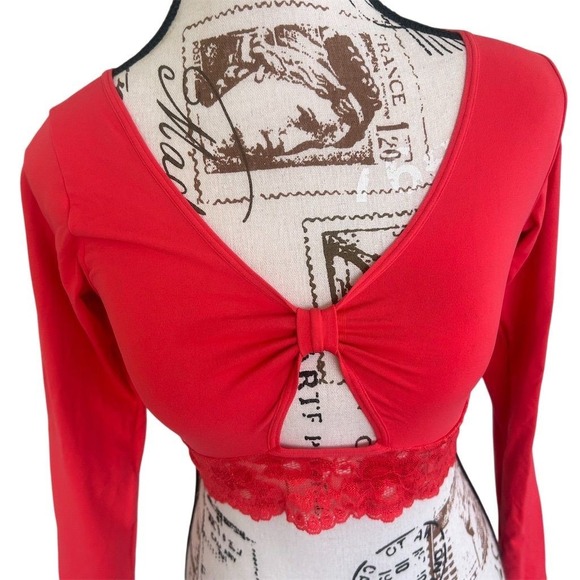 NWT Anthropologie Red Lace Trimmed Cropped Bolero Cardigan Long Sleeve S M - Picture 2 of 8